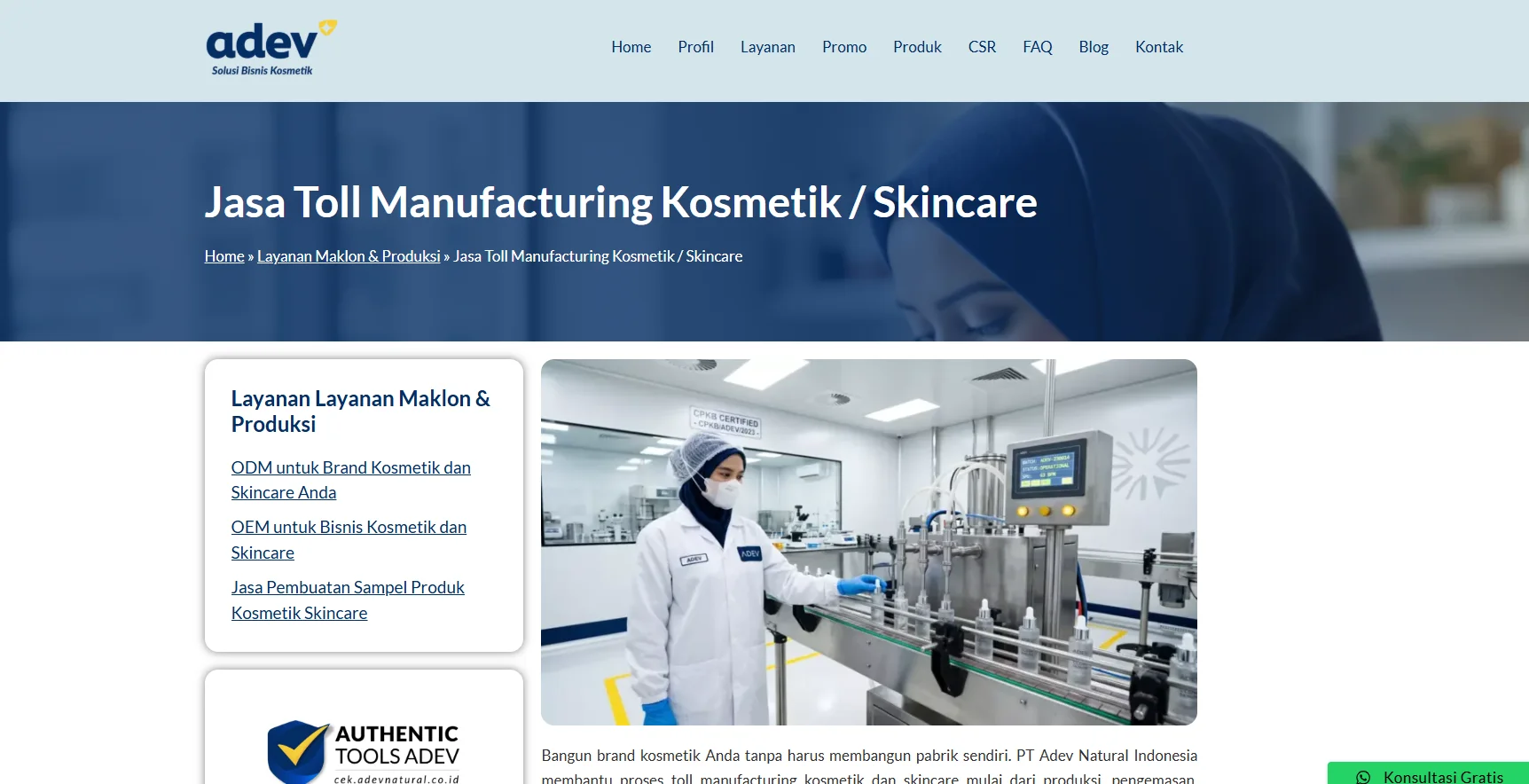 A laboratory technician wearing protective gear operates a filling machine in a cosmetics manufacturing facility. Website homepage with service details.